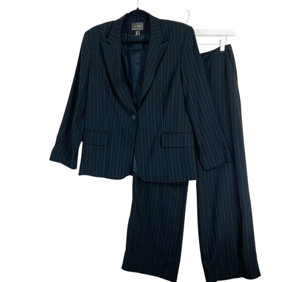 wool blend 2 piece set pinstripe womens suit blazer sz12 pants SZ 8 LOUBEN - Picture 13 of 16